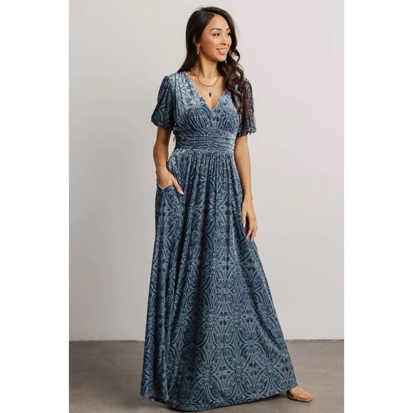 NWT Baltic Born Leslie Blue Velvet Maxi Dress 2XL Puff Sleeves Boho Formal - Picture 1 of 12